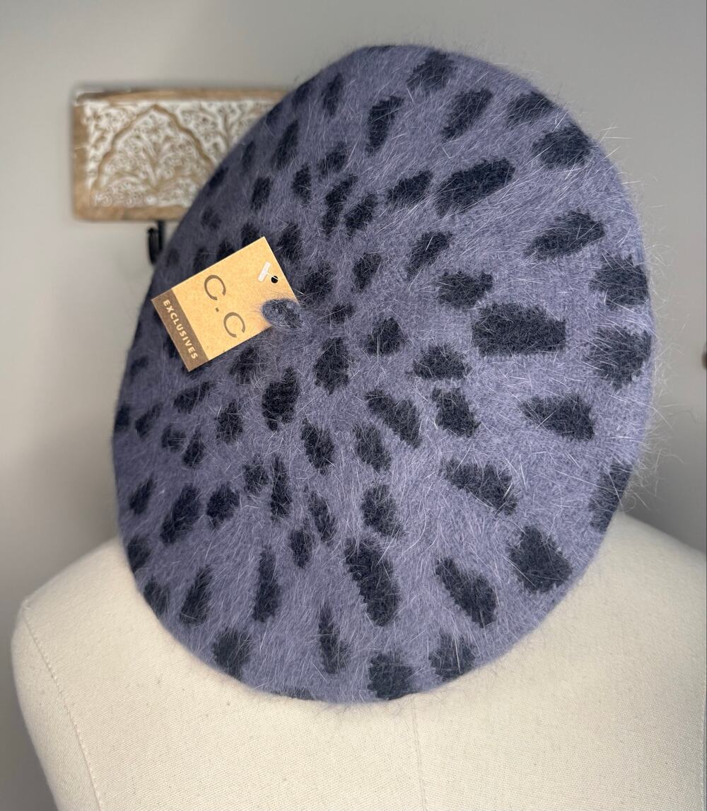C.C. Exclusives Fuzzy Leopard Print French Style Lightweight Beret